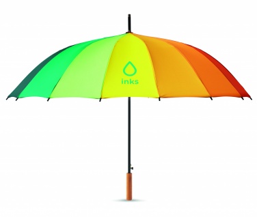 Logotrade Logogeschenke das Foto: BOWBRELLA 27" Regenbogen-Stockschirm mit Auf-Automatik und Holzstock