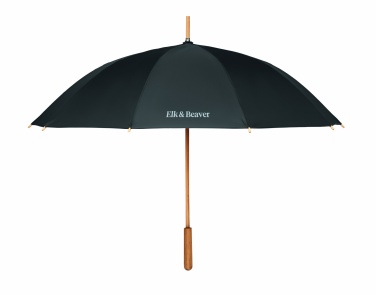 Logotrade Werbegeschenke das Foto: 23,5" windfester RPET-Regenschirm mit Bambusstock und -griff