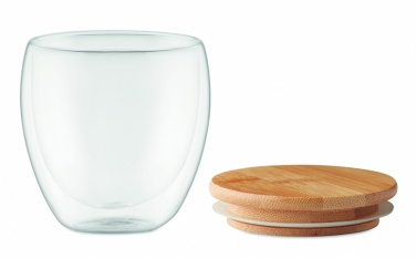 Logotrade werbemittel das Foto: Doppelwandiges Glas mit Bambusdeckel Hamburg 250 ml