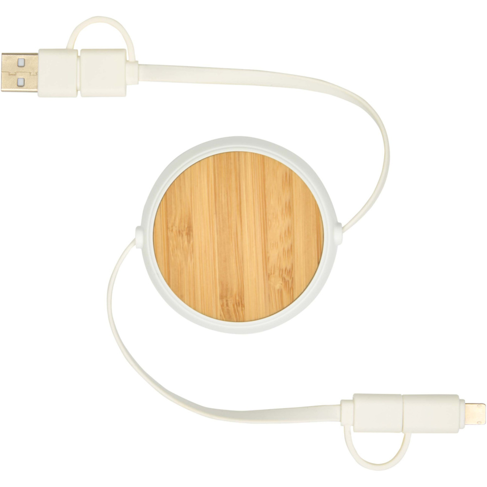 Logotrade Firmengeschenke das Foto: Chechia 100cm 5-in-1 Kabel aus recyceltem Kunststoff, einziehbar, für Datenübertragung und 45W Schnellladung mit Bambusdetails