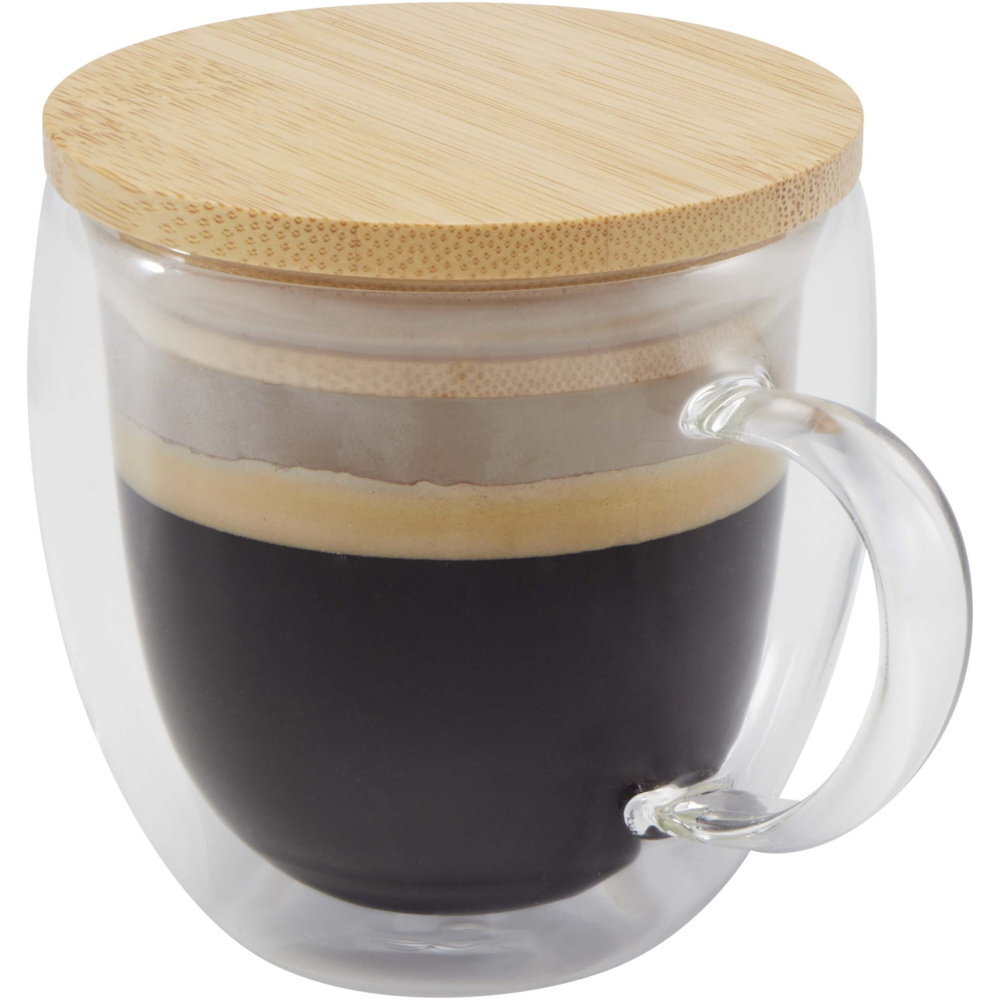 Logotrade Firmengeschenke das Foto: Lenora 250 ml Glasbecher mit Bambusdeckel