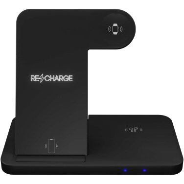 Logotrade Werbegeschenke das Foto: SCX.design W28 kabellose 3-in-1 Ladestation kabellos mit Telefonständer und Leuchtlogo