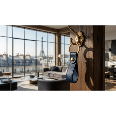 Blauer INÉ Schlüsselanhänger an einem Messinghaken, im Hintergrund Paris mit Eiffelturm