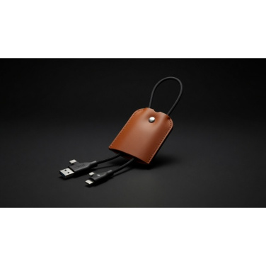 Le Sellier Etui in Cognac mit Ladekabel und Kombi-Steckern auf schwarzem Hintergrund
