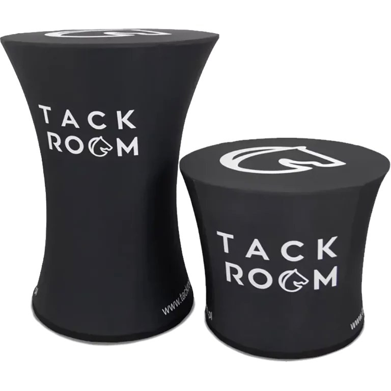 Schwarzer aufblasbarer Stehtisch und Hocker mit weißem Logodruck