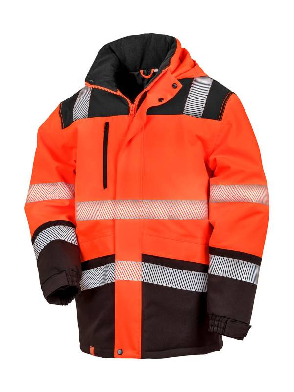 Bedruckbarer, wasserdichter Softshell-Sicherheitsmantel, Fluoreszierendes Orange/Schwarz - Result Recycled (1)