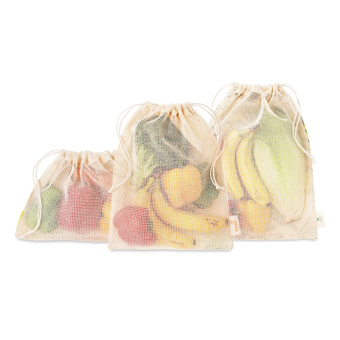 3-teiliges Set Einkaufstaschen aus Baumwolle mit Netzgewebe auf einer Seite. Lebensmittelecht., Produktbild