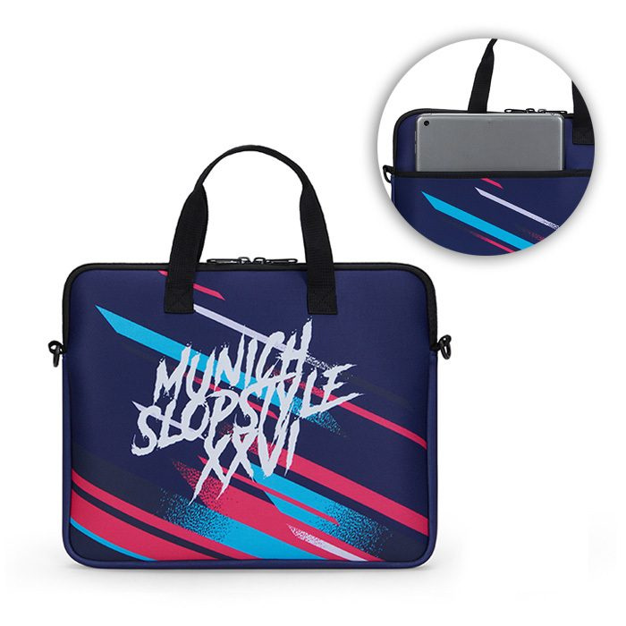 Laptoptasche aus sublimiertem Neopren mit Reißverschluss und Rückentasche., Produktbild