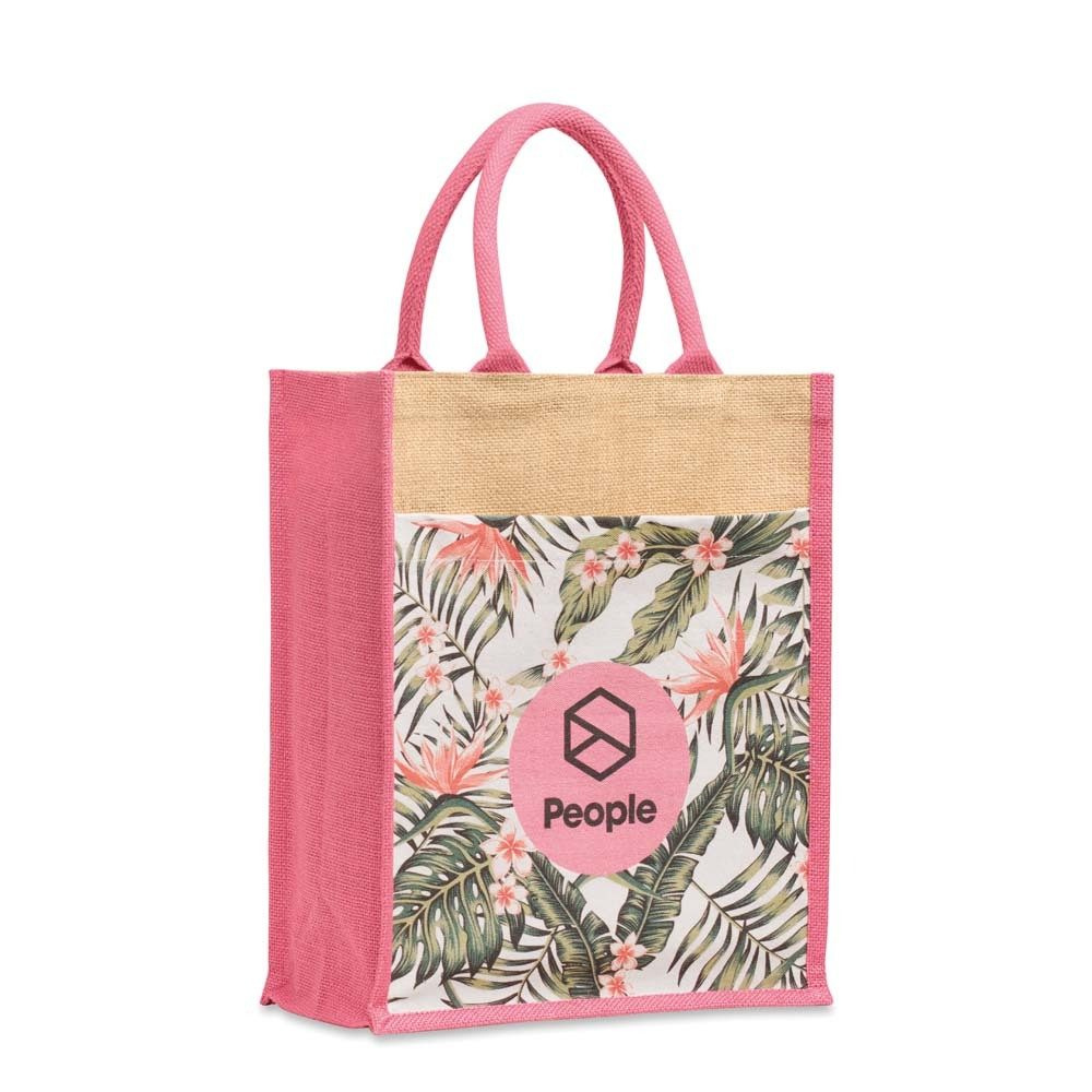 Jutebeutel mit (rundum) bedruckter Baumwoll-Vordertasche (30x37x15cm), Produktbild