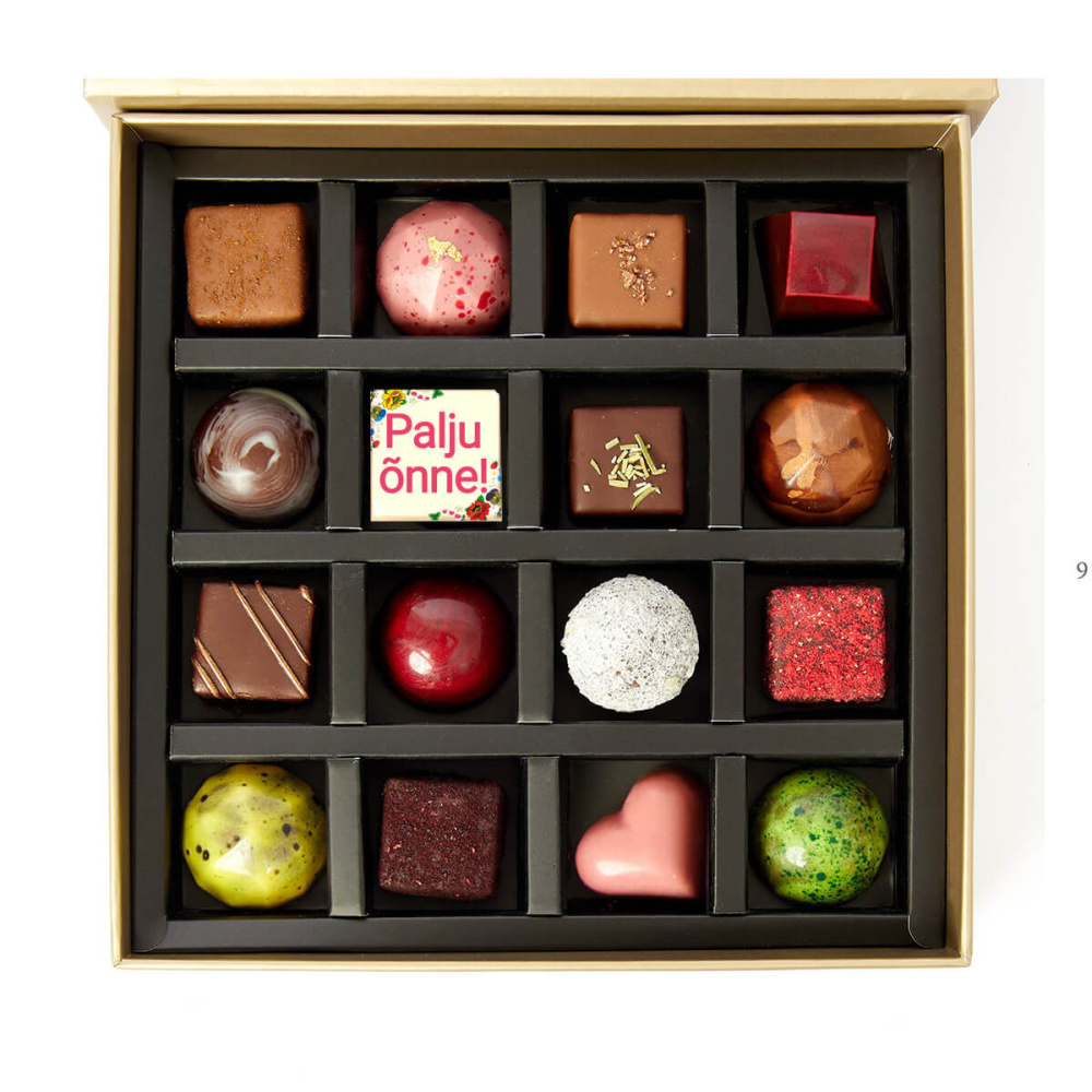Goldene Pralinenschachtel „Viel Glück!“ – 16 Pralinen, Produktbild (1)