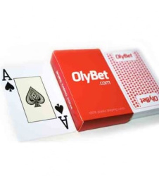 Olybet plastic playing cards with branded backs and packaging