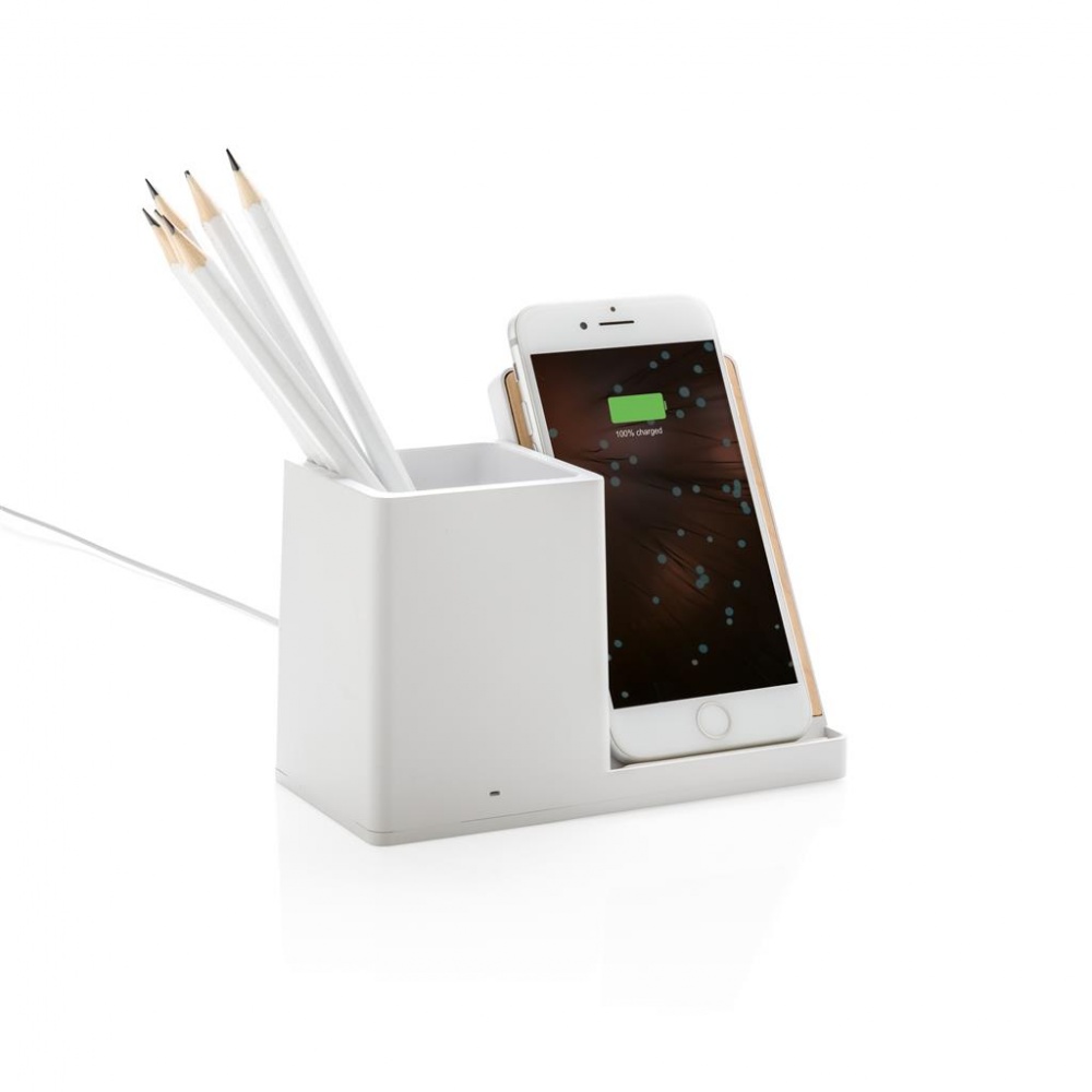 Logo trade promotional merchandise image of: Ontario 5W wireless charger with pen holder, white