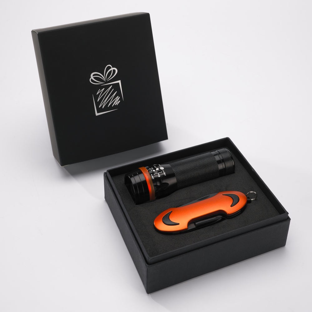 Logo trade promotional gifts image of: SET COLORADO I: LED TORCH AND A POCKET KNIFE, orange