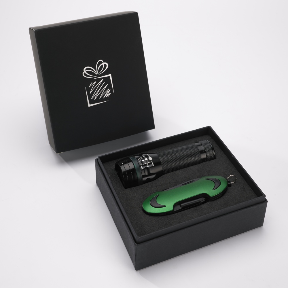 Logo trade promotional item photo of: SET COLORADO I: LED TORCH AND A POCKET KNIFE, green