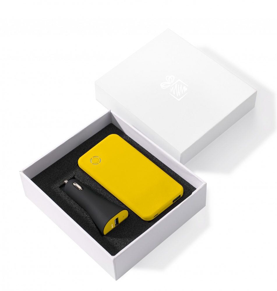 Logotrade corporate gift picture of: SET: RAY POWER BANK 4000 mAh &CAR CHARGER RUBBY, yellow