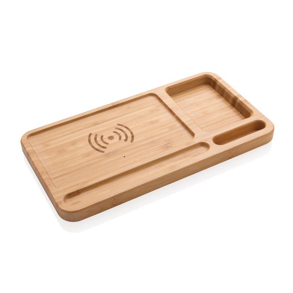 Logo trade promotional gifts picture of: Bamboo desk organizer 5W wireless charger, brown