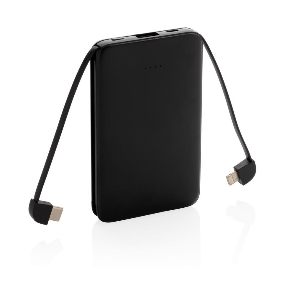 Logo trade business gifts image of: 5.000 mAh Pocket Powerbank with integrated cables, black