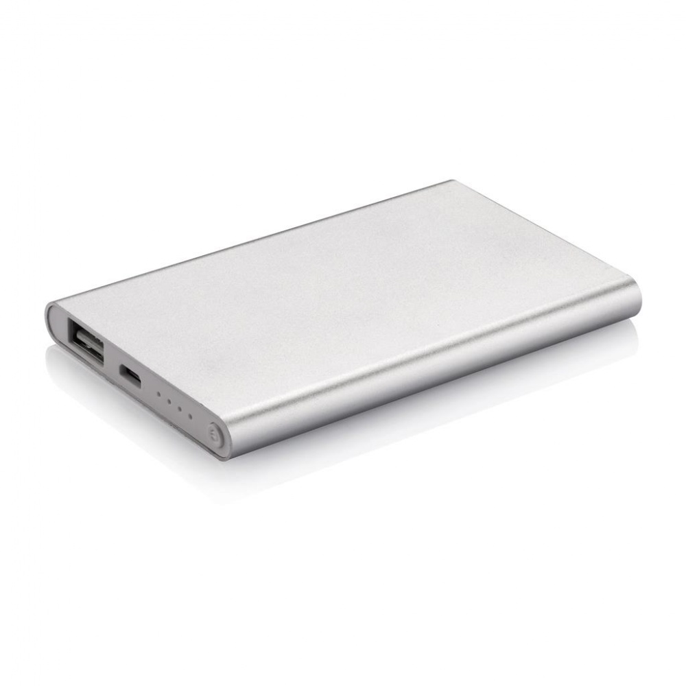 Logo trade corporate gifts image of: 4000 mAh powerbank, silver, with personalized name, sleeve, gift wrap