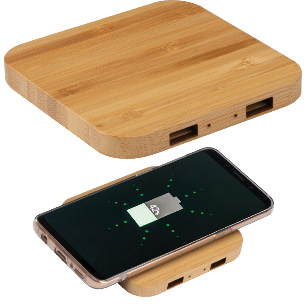 Logo trade business gifts image of: Bamboo Wireless Charger with 2 USB ports, Beige