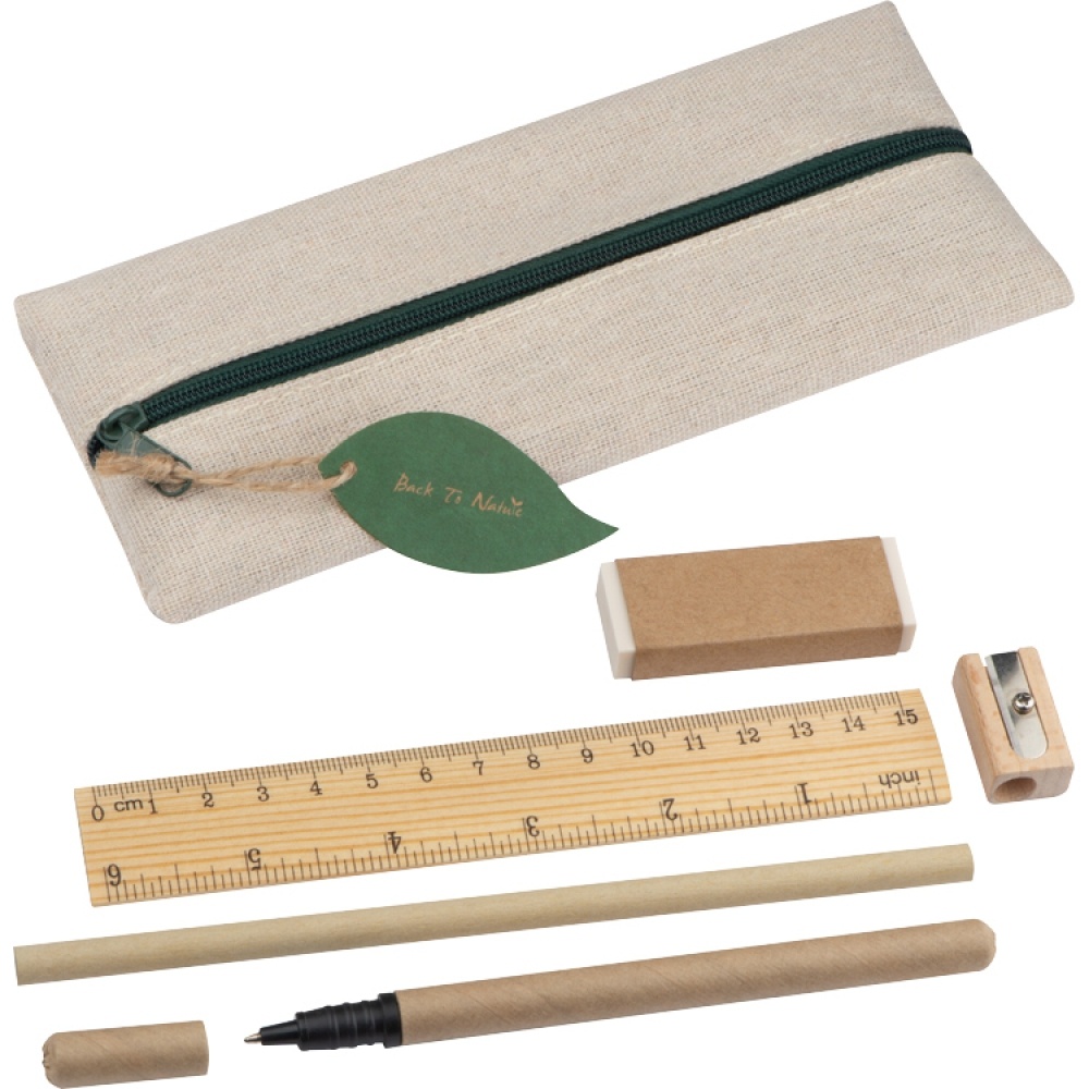 Logo trade promotional giveaways image of: Writing set with ruler, eraser, sharpener, pencil and rollerball