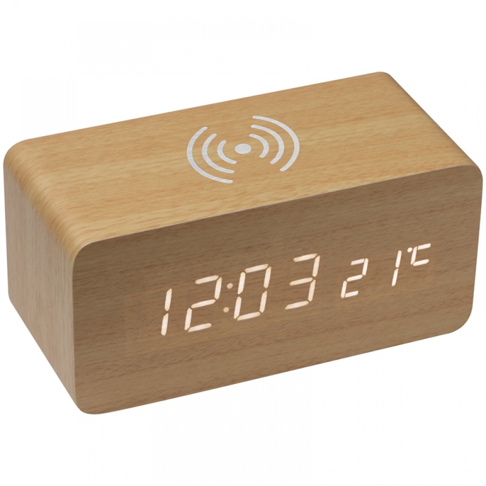 Logo trade promotional giveaway photo of: Desk clock with integrated wireless charger, beige