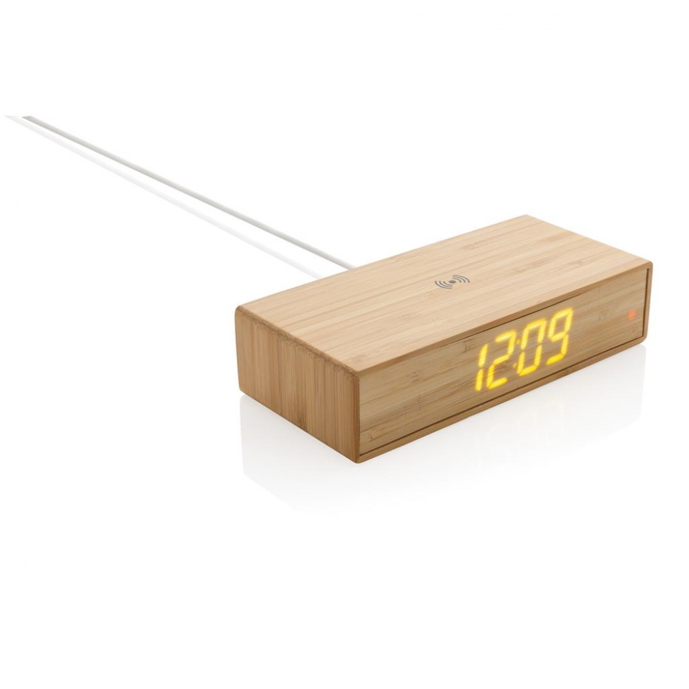 Logo trade corporate gifts image of: Bamboo alarm clock with 5W wireless charger, brown