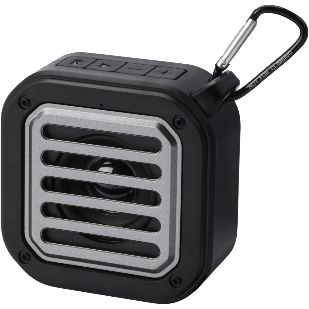Logotrade corporate gift picture of: Solo 3W IPX5 RCS recycled plastic solar Bluetooth® speaker with carabiner 
