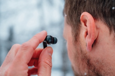 Logo trade promotional merchandise image of: Skywave RCS recycled plastic solar earbuds