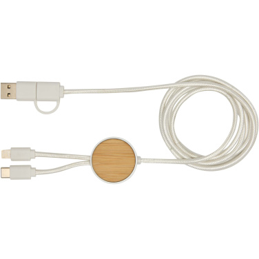 Logo trade promotional merchandise picture of: Chechia 5-in-1 recycled plastic 150 cm data sync and 27W fast charge cable with bamboo details