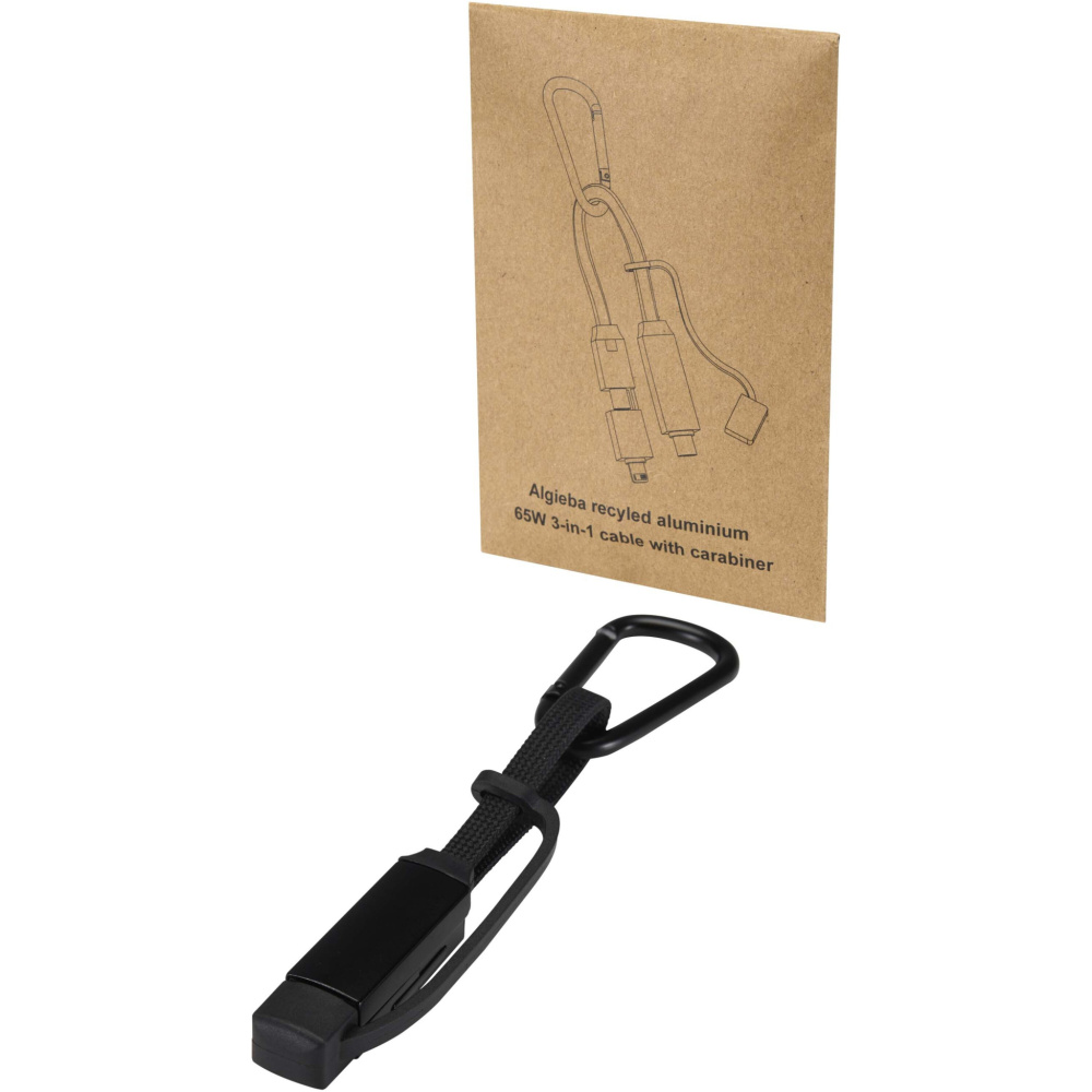 Logotrade promotional product image of: Algieba 65W 3-in-1 recycled aluminium charging cable with carabiner