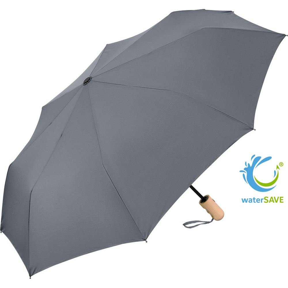 FARE® ÖkoBrella Automatic Pocket Umbrella with Wooden Handle with Your Logo, grey (waterSAVE®) – product photo