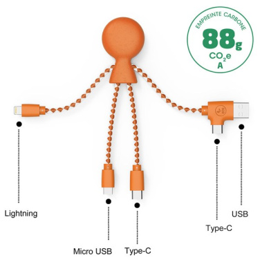 Orange Xoopar Mr Bio multi-cable with labelled connectors and carbon footprint badge