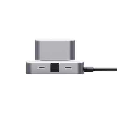 Silver CUBBI hub front view with two USB-C ports and smiley-face panel