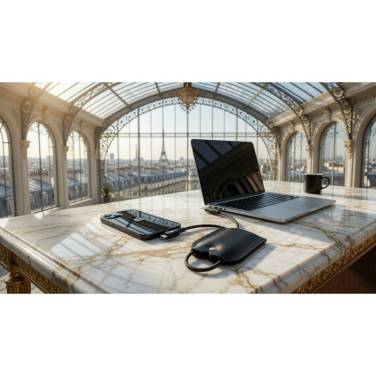 Black Le Sellier Etui charging a phone and laptop on a marble desk under a Paris glass dome