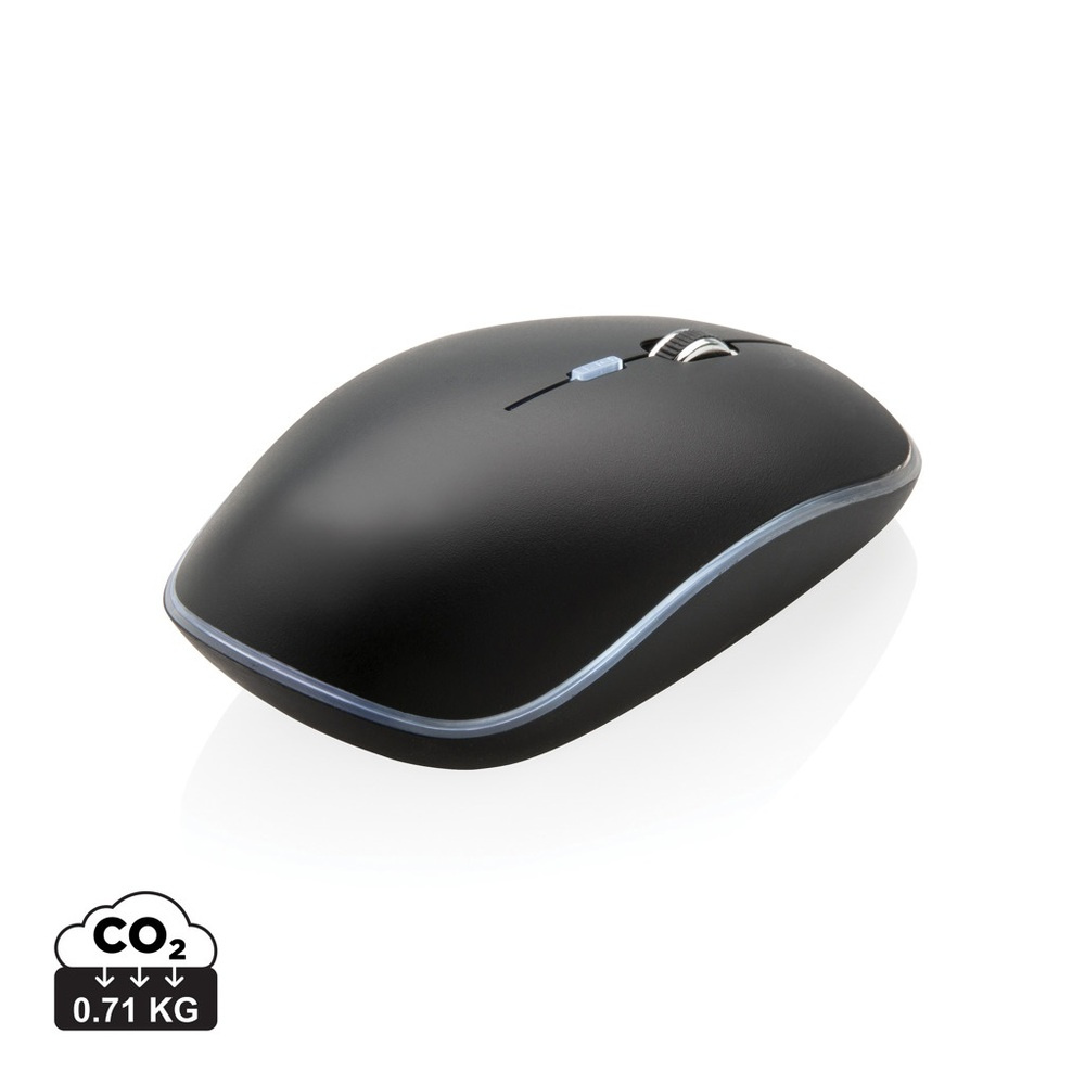Wireless mouse with light-up logo – angled view