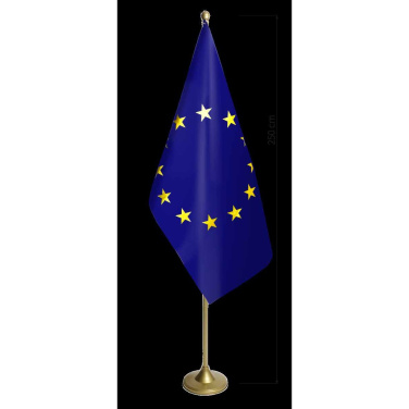 Gold 250 cm indoor flagpole with stand displaying a European Union satin flag