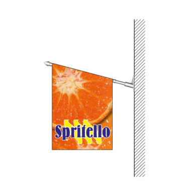 Drawing of a wall flag with orange printed design, pole and bracket on a wall