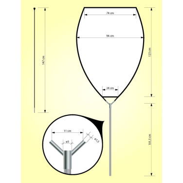Dimension drawing of chalice-shaped flag A 94×123 cm with pole and fibreglass frame