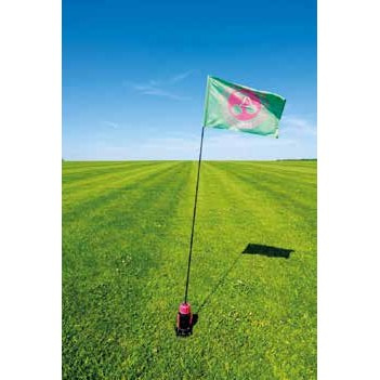 Green 40×30 cm marker flag on a 140 cm fibreglass pole with screw-in anchor on grass