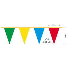 Custom printed bunting, 20×30 cm triangles spaced 10 cm apart, polyester 115 g/m², one-sided print