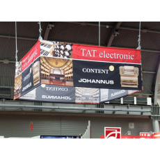 Hanging exhibit sign with logo – cube 150×150 cm