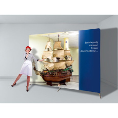 Fabric display wall, steel frame ~304×114 cm