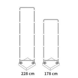 Drawing of the two frame heights, 228 cm and 178 cm, including base