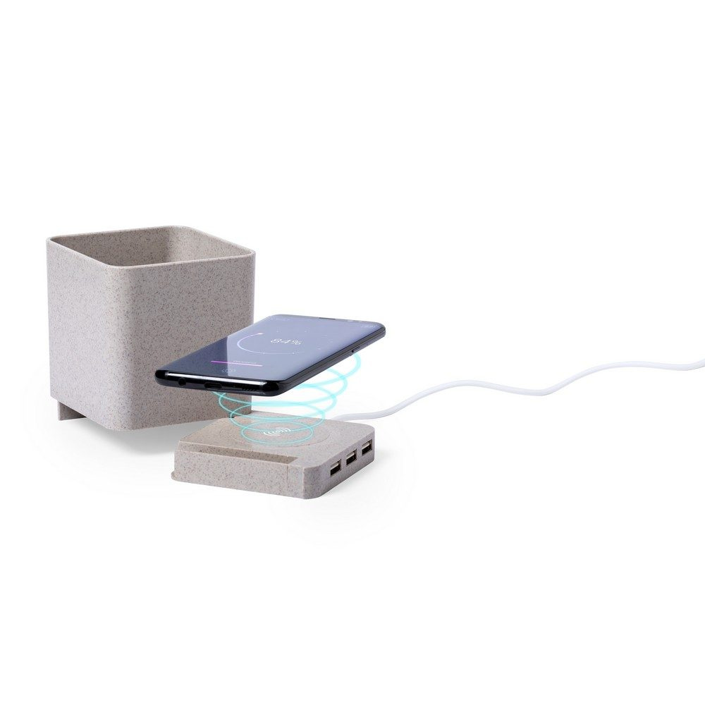 Wheat straw wireless charger 5 W, USB hub 2.0, pen holder, phone stand, product image (1)