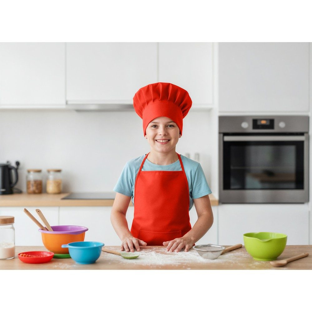 Cook set, kitchen apron and cook cap, children size | Nedina, red, product image (1)