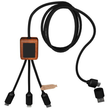 SCX.design C38 5-in-1 rPET light-up logo charging cable with squared wooden casing, Solid black / Wood, product image (1)