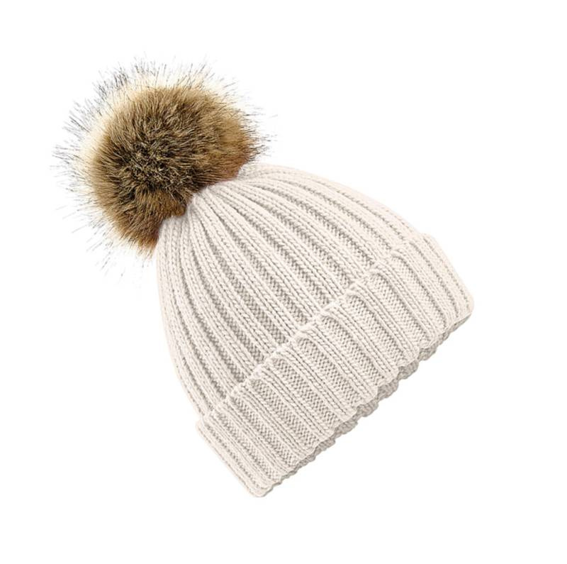 Fur Pop Pom Chunky Beanie, Oatmeal – Beechfield (1)