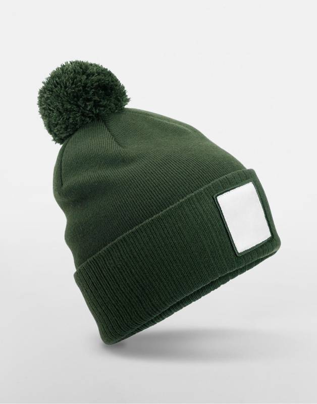 Appliqué Patch Pom Beanie, Olive Green/White – Beechfield (1)
