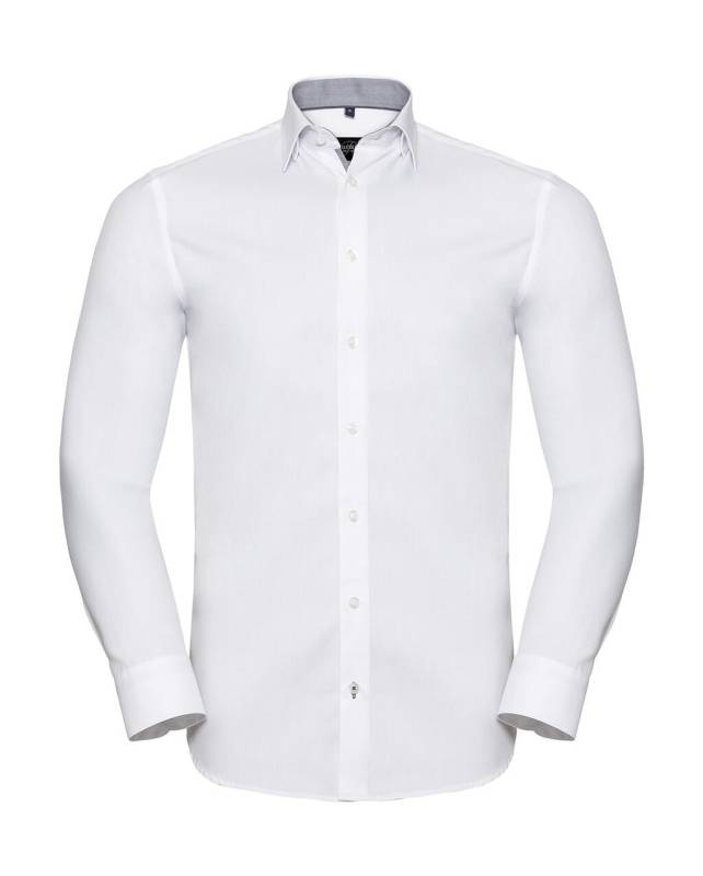 Tailored Contrast Herringbone Shirt LS, White/Silver/Convoy Grey – Russell Collection (1)