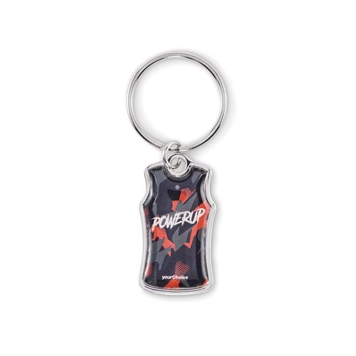 Sports jersey shaped keyring with a domed sticker, product image